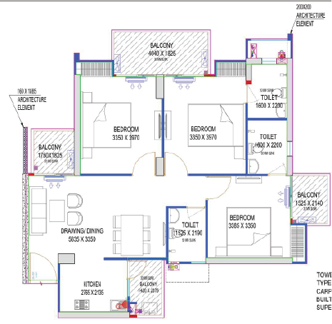 RG's Pleiaddes 3 BHK plus 3 toilet floor plan