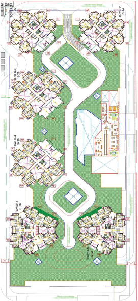 RG's Pleiaddes site plan showing six towers, pools and landscaped open spaces