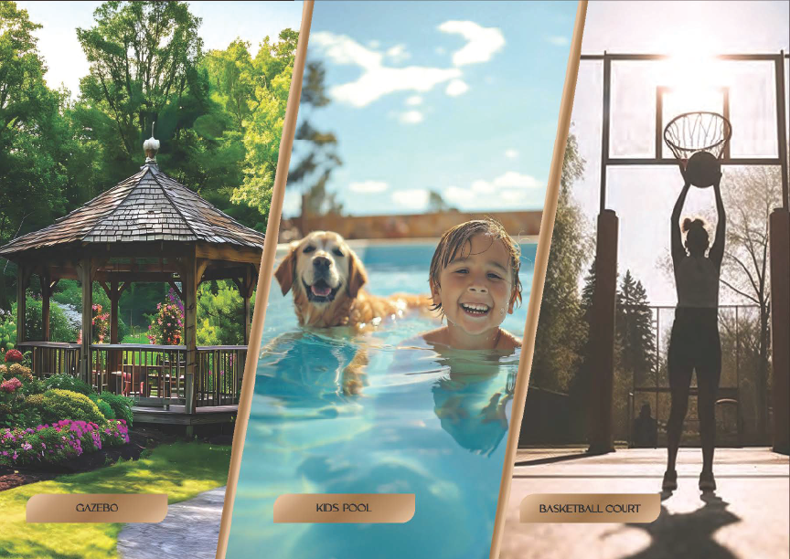 Gazebo, kids pool and basketball court at Renox Thrive