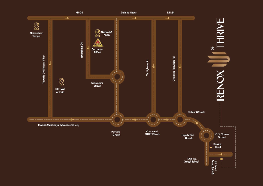 Renox Thrive location map showing Gaur Chowk, Ek Murti Chowk and NH 24 access